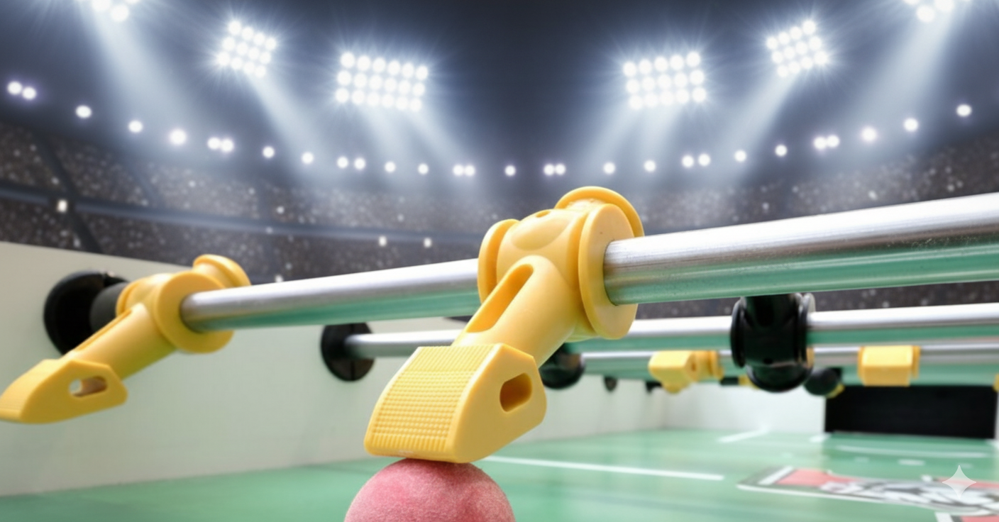 Dramatic foosball table close-up with stadium lighting and competitive atmosphere